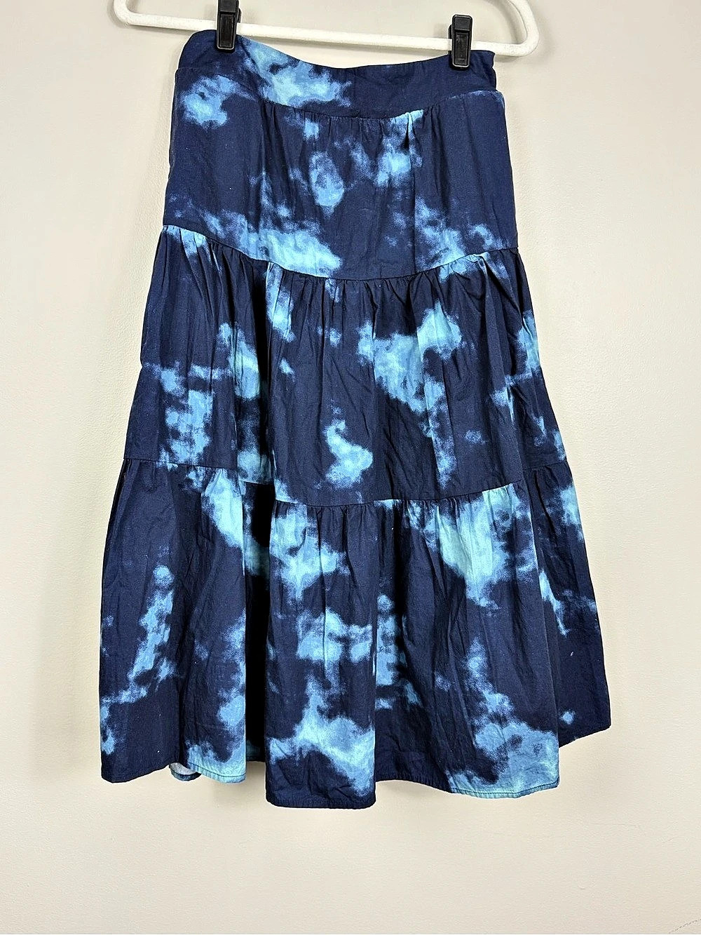 LuLaRoe Coletta Tiered Midi Skirt Womens Small Tie Dye Blue White Boho Hippie